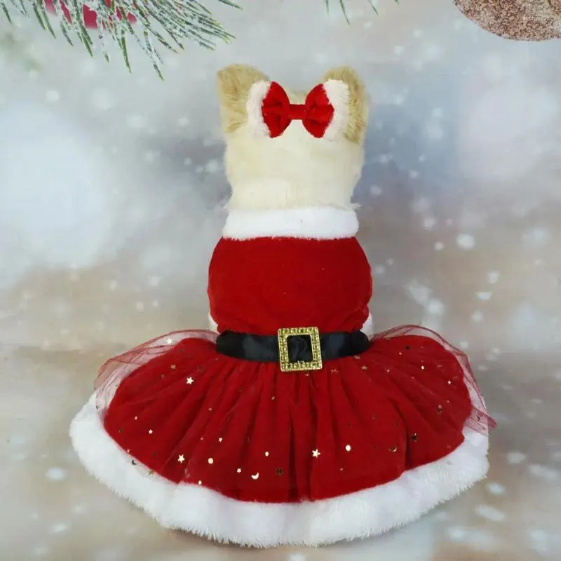 Dog Apparel Pet Dress Christmas Costume Shiny Mesh Glitter Santa With Hairband Easy To Wear Clean For Festive Pos