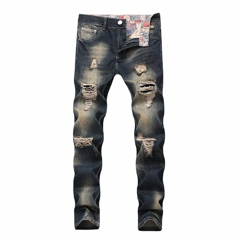 Mäns Patchwork Hollow Print Beggar's Ninth Pants Men's Denim Jeans Men's Direct Mail Fi Ripped Jeans F4ZG#