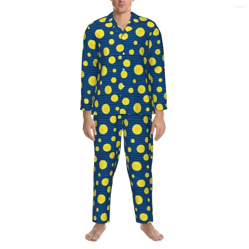 Home Clothing Pyjama-Sets mit Zitronenscheiben, Herbst, blaue Streifen, Druck, bequeme Schlafzimmer-Nachtwäsche, Unisex, 2-teilig, lässig, locker, Übergröße