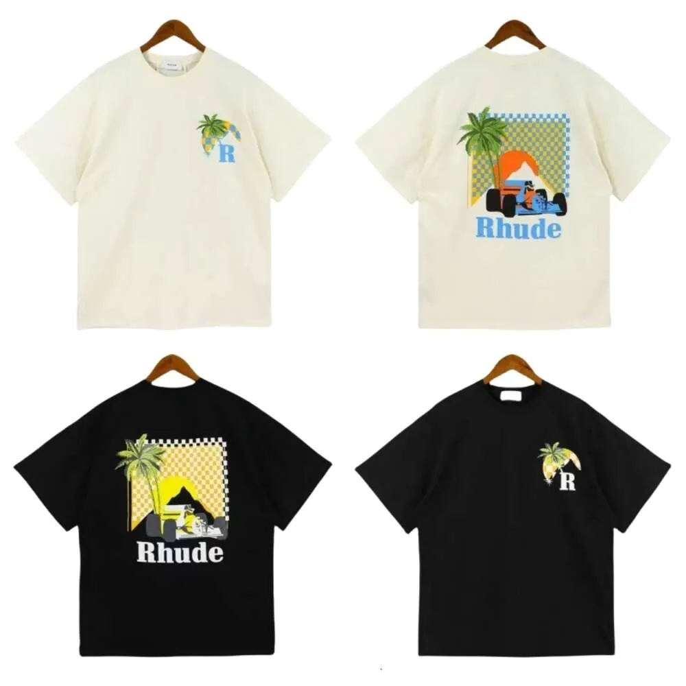 Rhude Tee Shirt Designer Original Quality Summer High Street Coconut Palm Truck Print Loose Casual Mens And Womens Couples Round Neck Tshirt