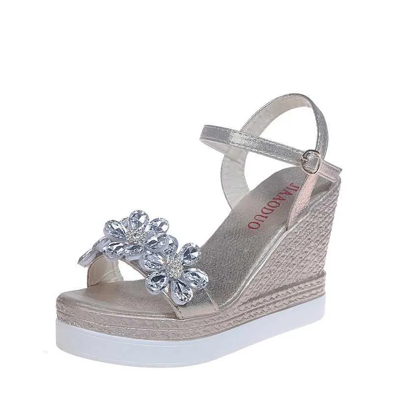 Sandalet kristal çiçek platform kadınlar 2023 yaz moda ayak bileği kayış kama sandtalias jer altın gümüş parti için h2403280lf8