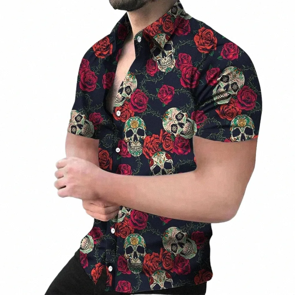 Summer Men's Shirts Hawaiian Shirt Skull Graphic 3D Printing Outdoor Street Kort ärmar Män FI -kläder Toppar Streetwear O2HS#