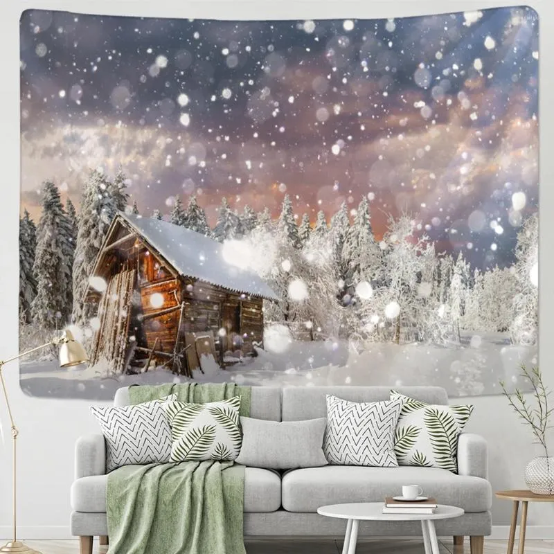 Tapisseries de Noël Scène de neige Tapisserie Tenture murale Art Dessin animé Illustration Style bohème Rideau de lit Dortoir Décoration d'intérieur