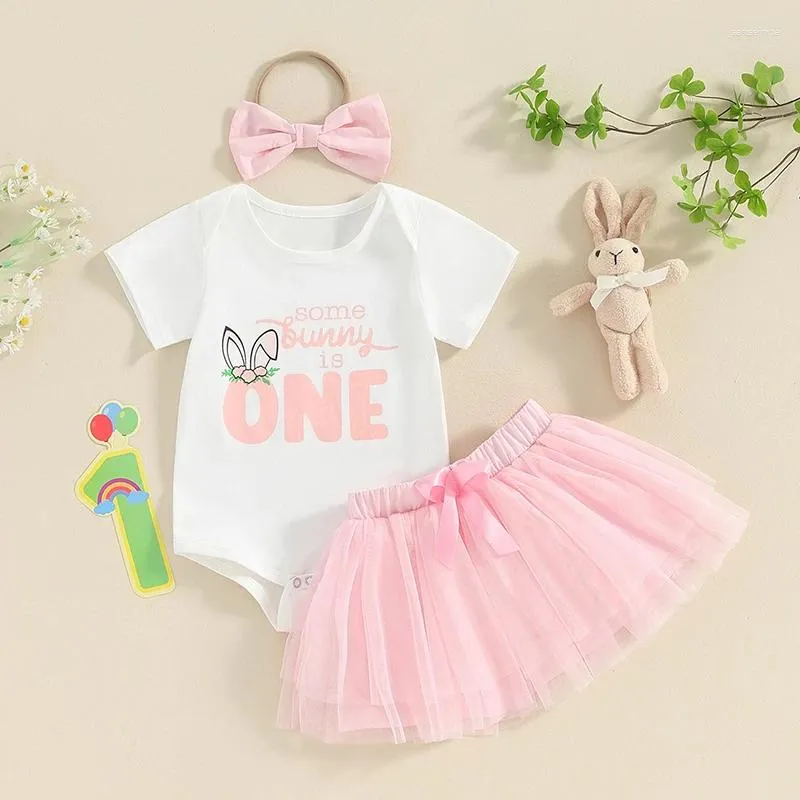 Комплекты одежды для маленьких девочек, летний комбинезон с короткими рукавами и буквенным принтом, юбка, повязка на голову, комплект, розовый, из трех предметов