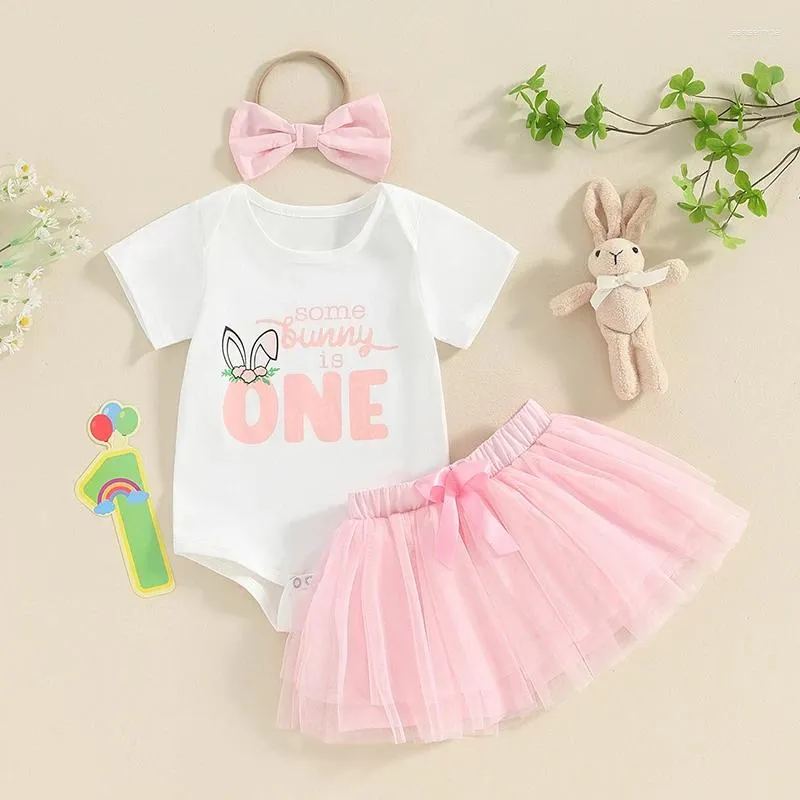 Kledingsets Meisje Baby Zomer Korte mouwen Letter Gedrukt Jumpsuit Rok Hoofdband Set Geboren Roze Driedelig