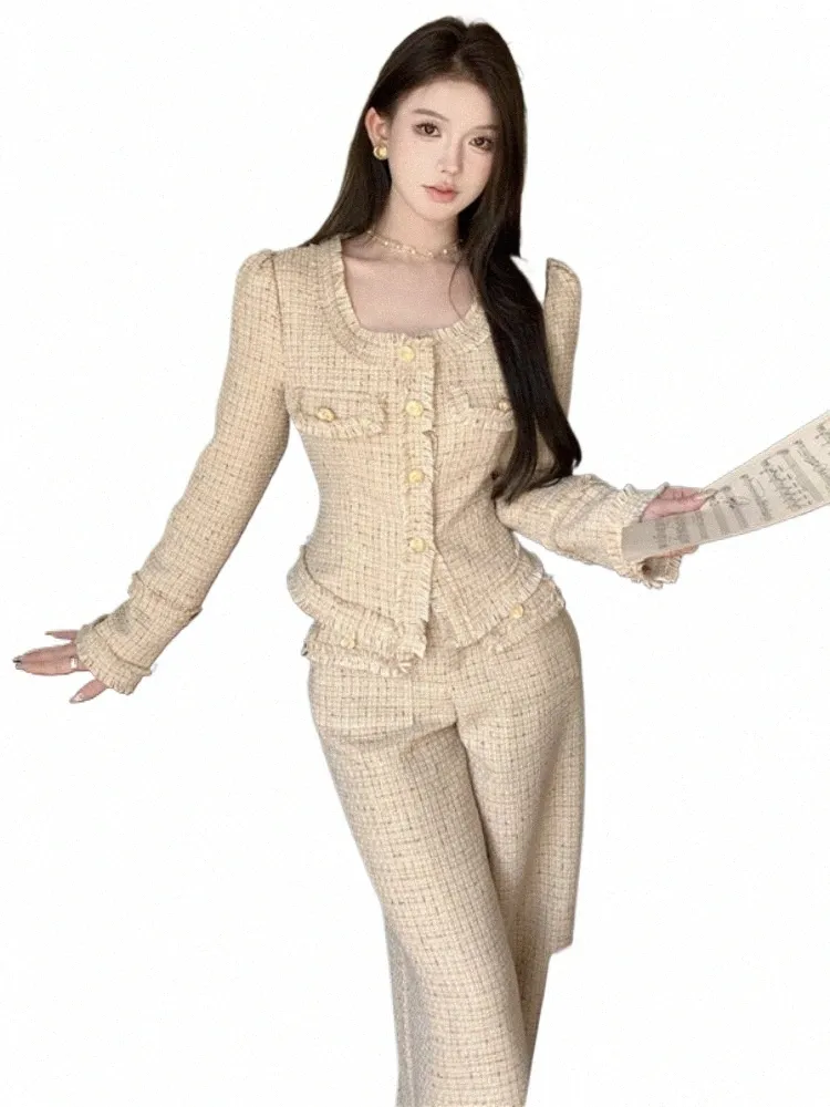 Nouveau pantalon de laine de créateur de luxe à deux pièces tenues tenues femmes élégant tweed slim lg pantalon court manteau tops tops dame vêtements 17ph #