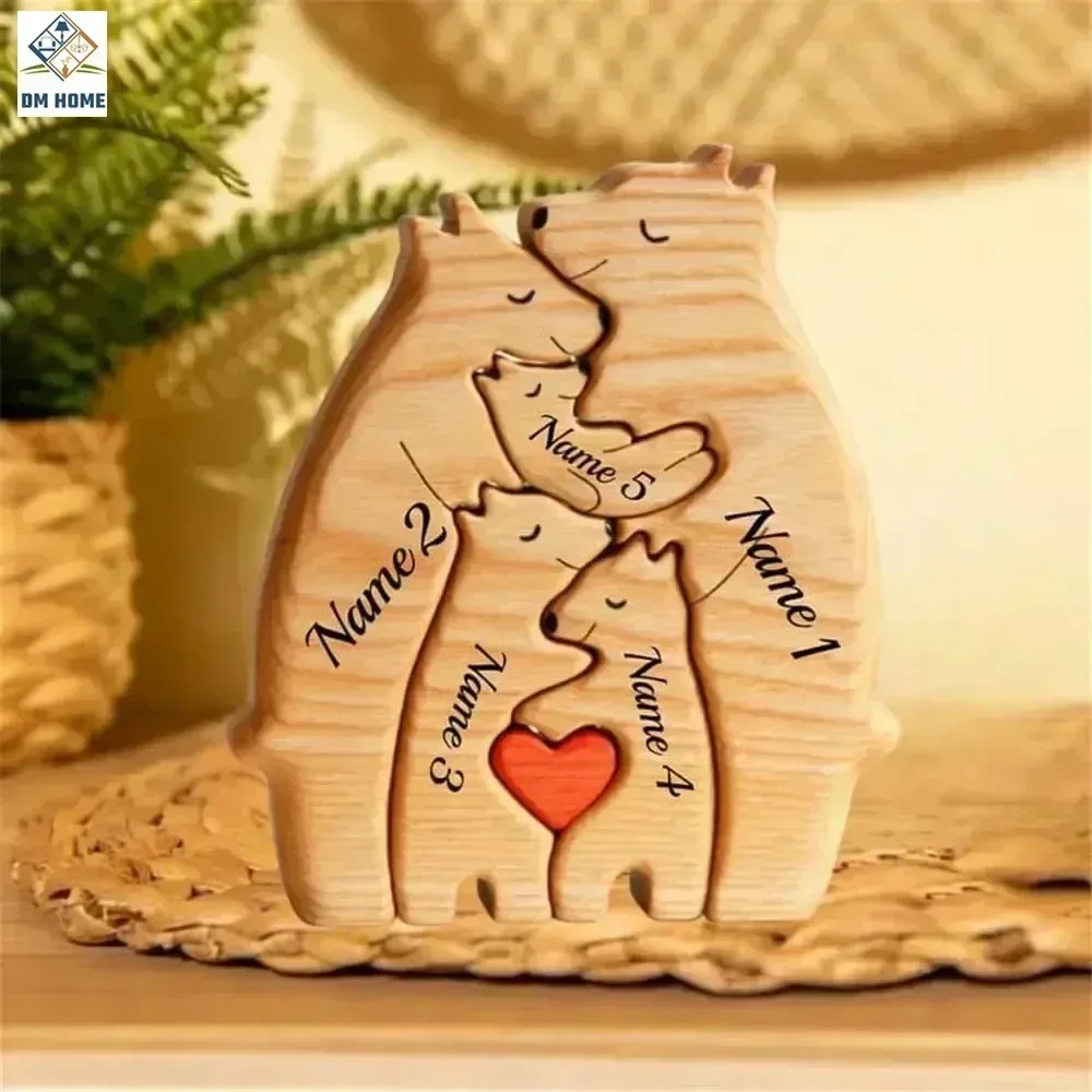 Miniatures Gravure gratuite Famille d'ours personnalisée Puzzle en bois de Noël cadeau d'anniversaire de Noël Sculpture de famille 27 noms de bureau décor