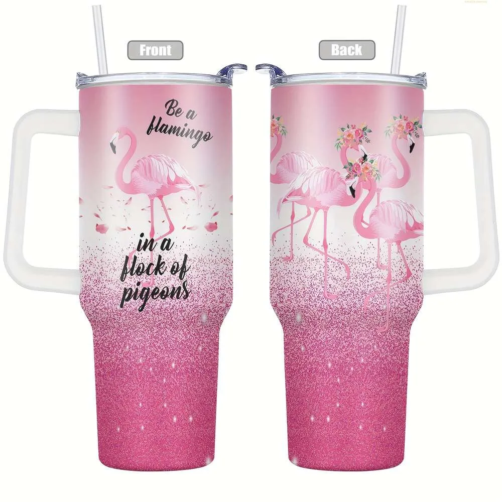 1PC, Flamingo Print 40 uncji kubek ze stali nierdzewnej z próżniową osłoną Kubek wodny gorące zimne napoje idealne na podróż na świeżym powietrzu i codzienne użytkowanie - świetne