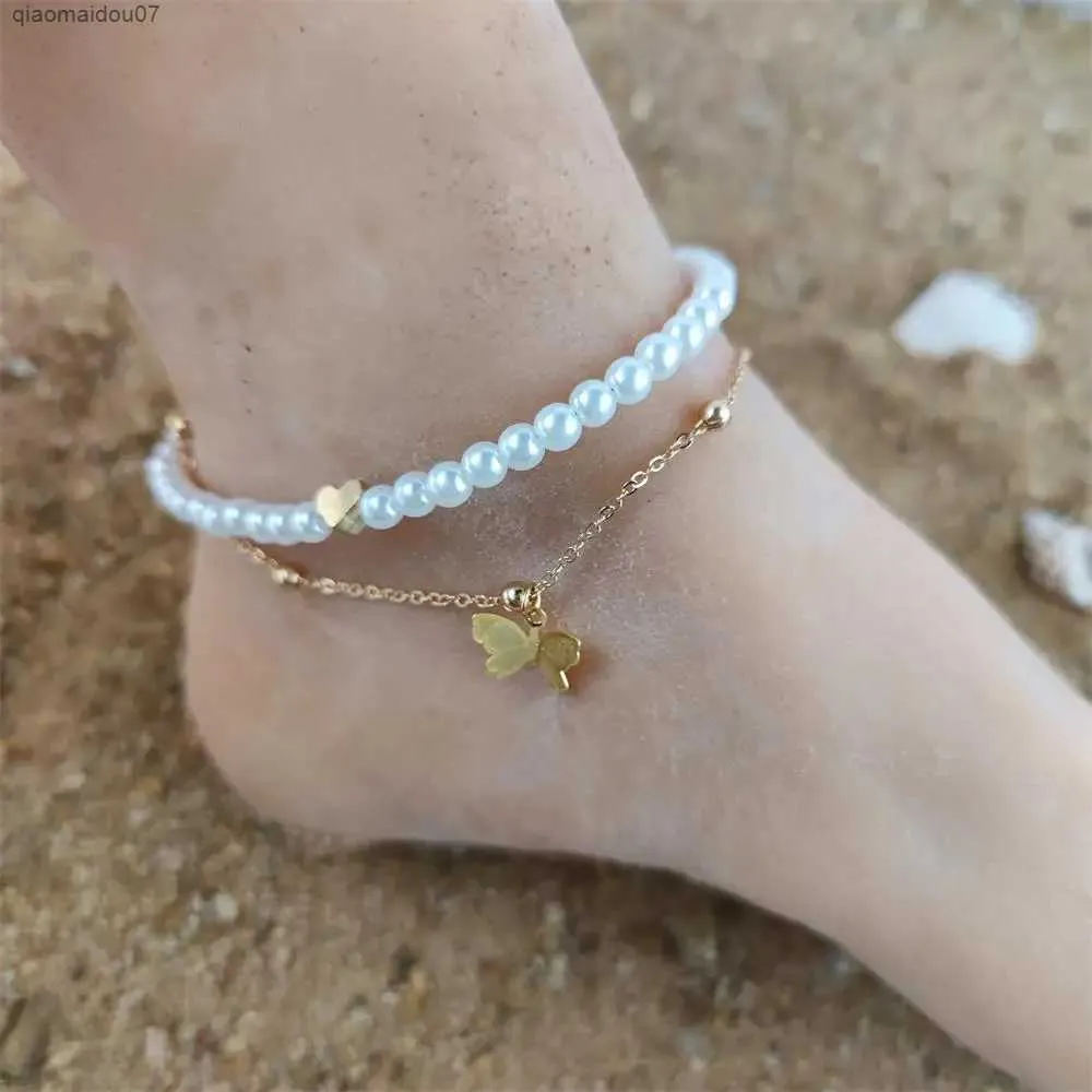 Anklets Metal heart-shaped butterfly and pearl ankle designed for beach vocal musicL2403