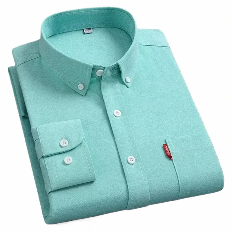 Herr Oxford LG Sleeve Shirts 100% Cott Solid Color Slå ner krage Regular Fit Daily Men Clothing Easy Care Shirts For Man Y60o#