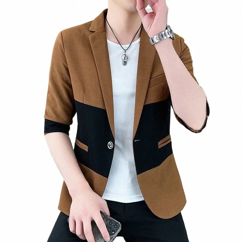 2023 Men's Summer Trendy Slim Fit Mid-Sleeve Suit Jacket Youth Thin Casual Multicolor blazer q8IO#