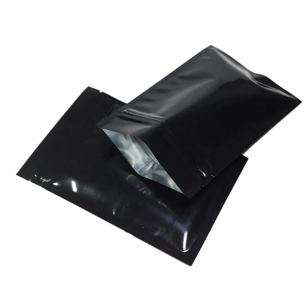 Glossy Black Aluminum Foil Zip Bag Self Seal Tear Notch Reclosable Flat Food Snack Storage Packaging Pouches