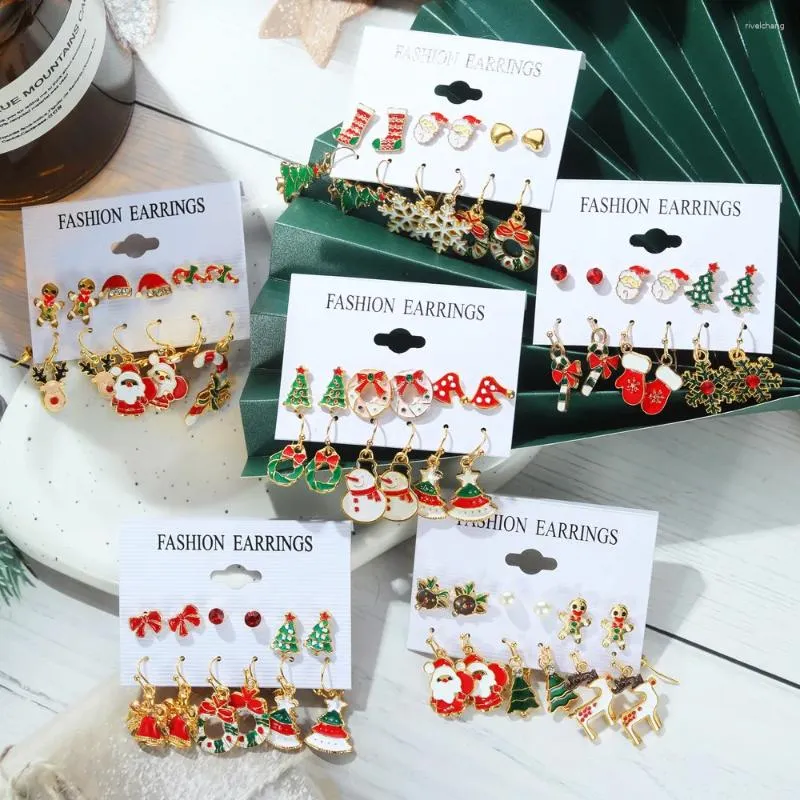 Kolczyki stadnorskie 6 par Bożego Narodzenia dla kobiet drzewo Świętego Mikołaja Snowflake Elk olej kroplówka kolczyka dziewczęta rok biżuteria