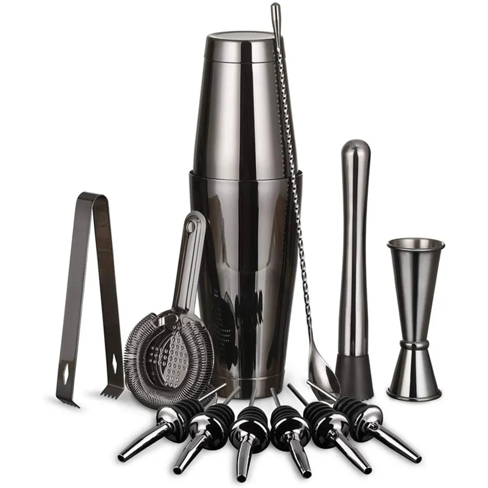 Cocktail-Shaker-Bar-Set, 2 gewichtete Boston-Shaker, Cocktailsieb, Jigger, Stößel und Löffel, Eiszange und Ausgießer für 6 Flaschen, 240319