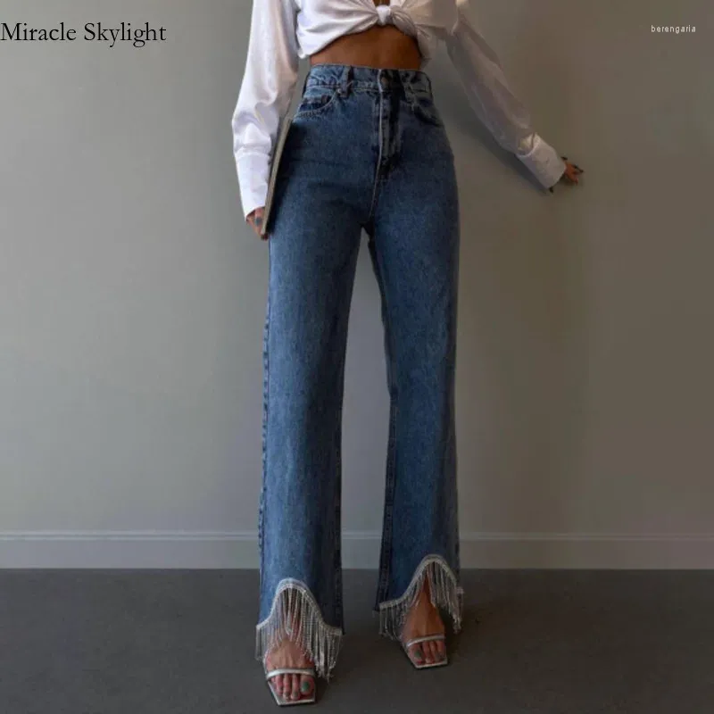 Damskie dżinsowe odzież w stylu amerykańskim łańcuch uliczny Tassel High Tallet Buttocks podnoszony szczupły i długi mikro rozkloszowany