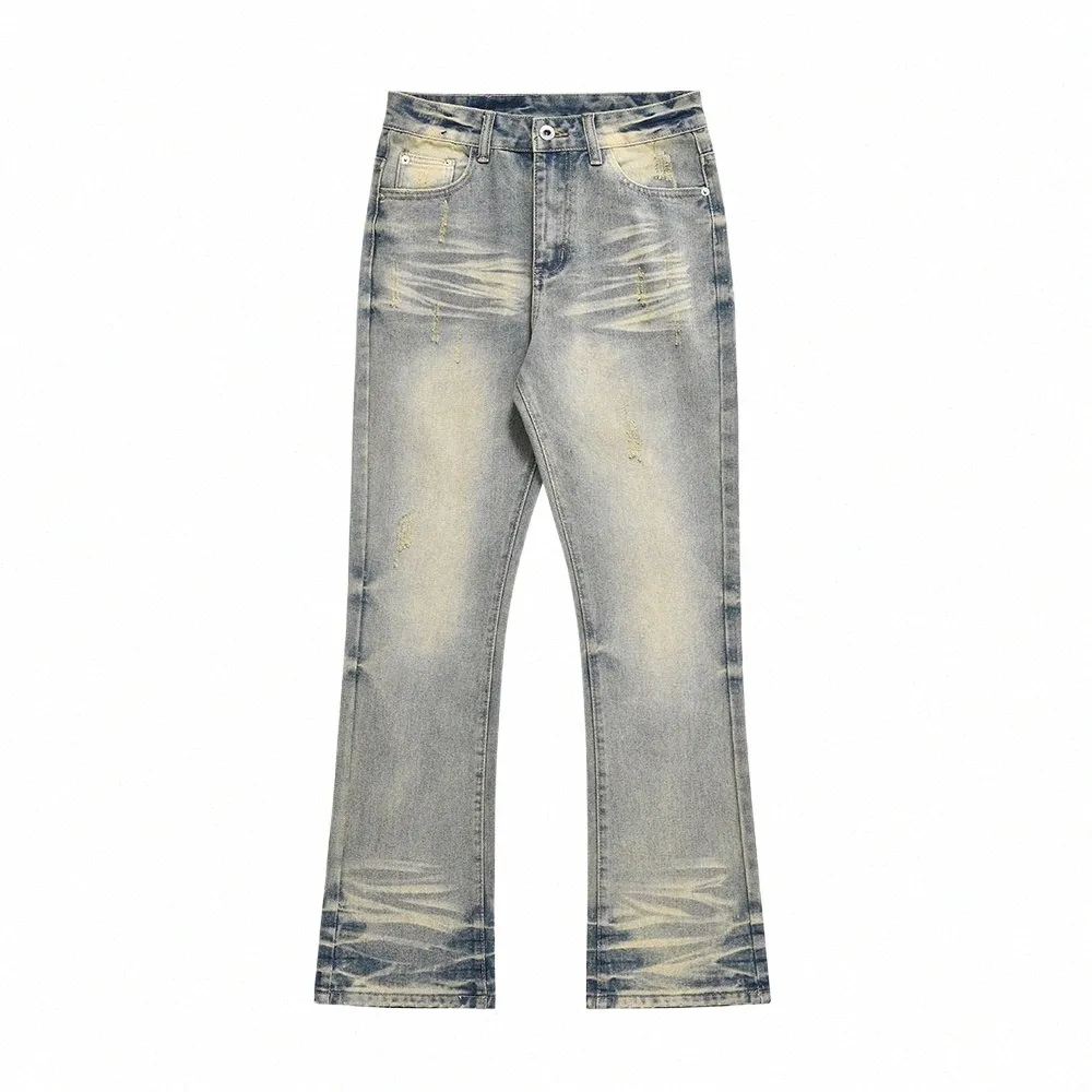 Wed Mud Yellow Denim Pants Мужские High Street Scratch Свободные расклешенные брюки Мужские джинсы Distred k0C2 #