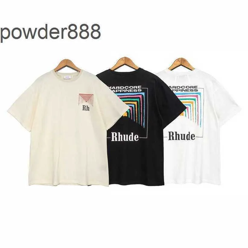 Zomer nieuwe Rhude sigarettendoos met korte mouwen vierkante array abstracte kleur tunnel bedrukt los casual T-shirt