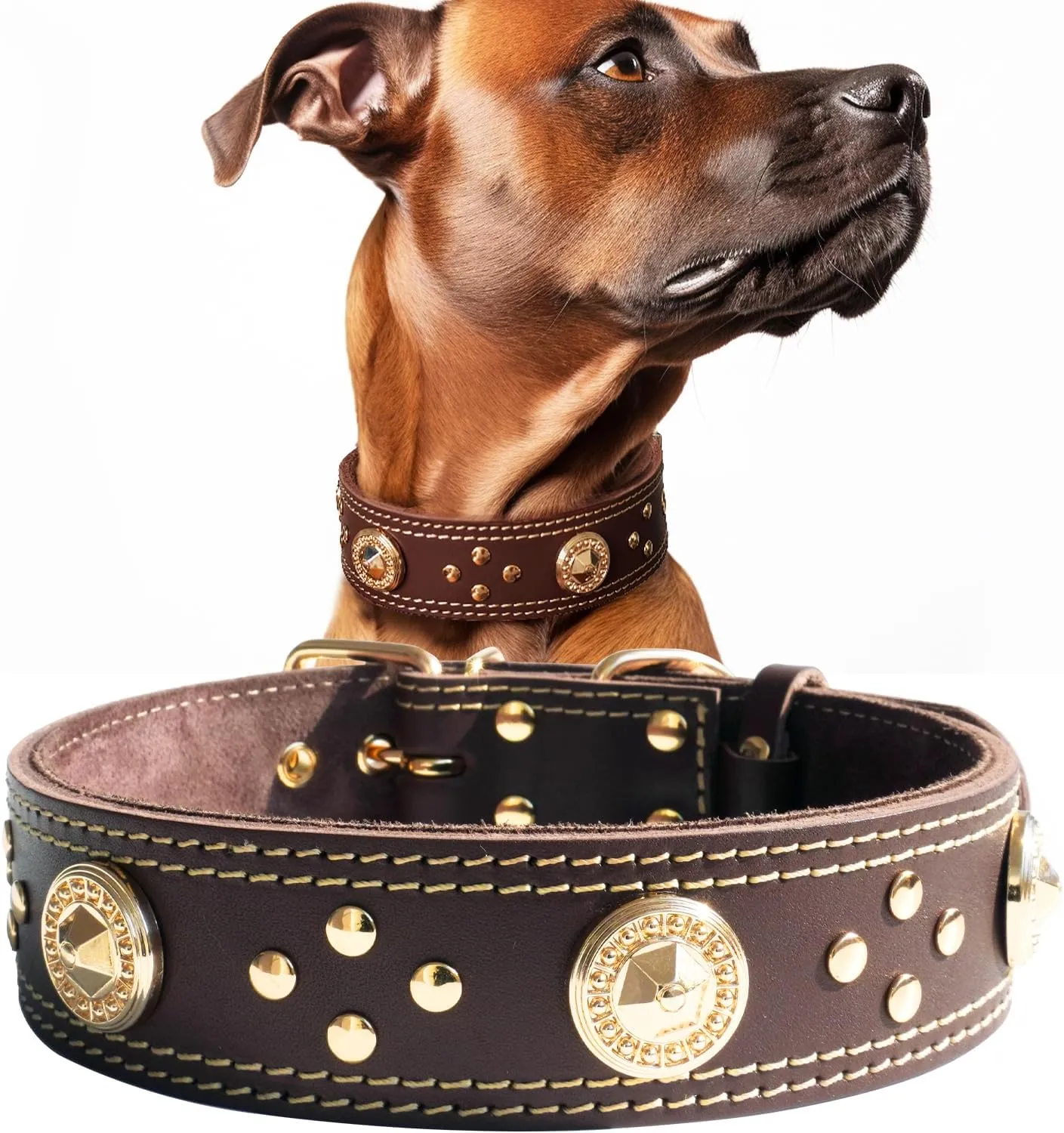 BEINWFYIY 1.6 inches Wide Handmade Genuine Leather Dog Collars, Soft and Heavy Duty, Adjustable 16.5-20.5 inches