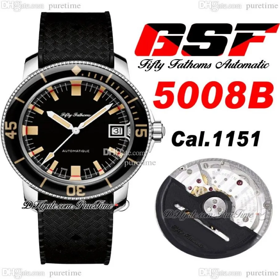 Fifty Fathoms Barakuda Re-Edition A1151 Montre automatique pour homme GSF 5008B-1130-B52A Cadran noir Bracelet en caoutchouc Super Edition Puretime C3225e