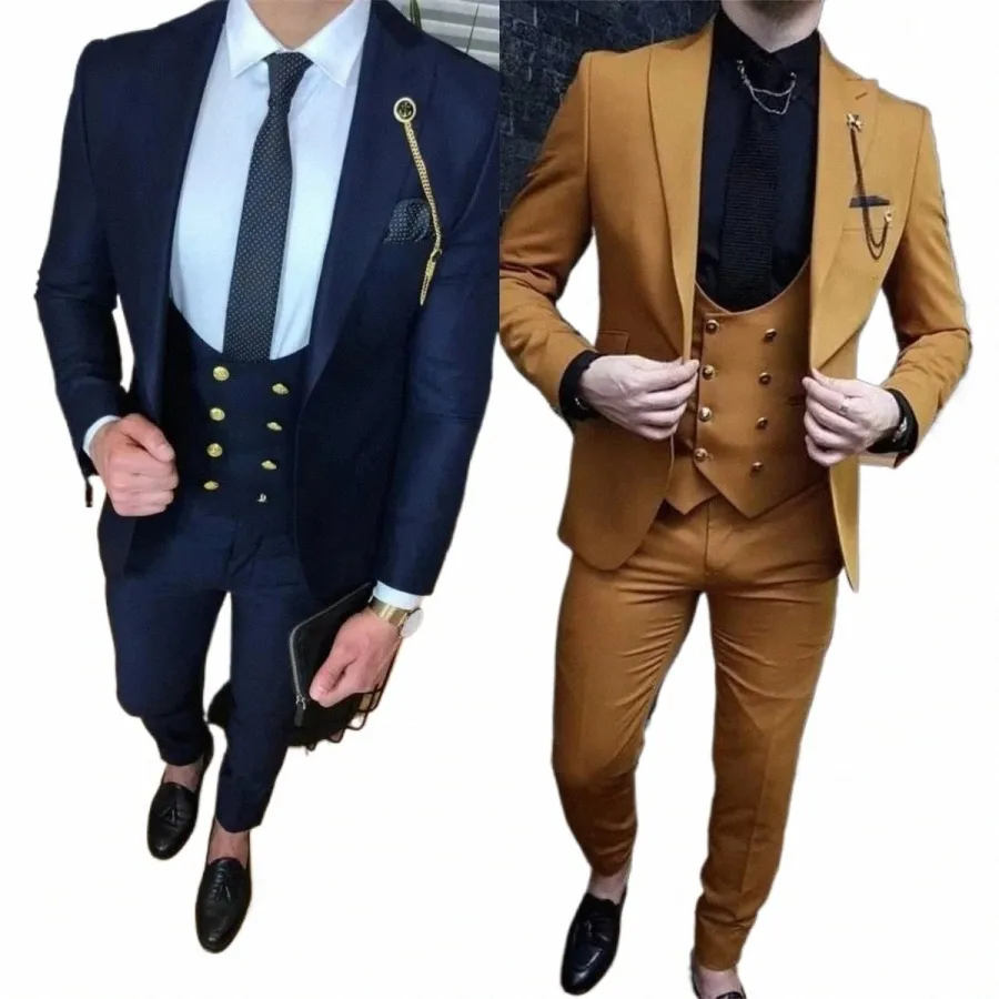 marinblå/brun/gröna mäns kostymer dubbelbröst smal passform 3 stycke dräkt topplapel prom bröllop fest tuxedo blazer+väst+byxa k7nl#