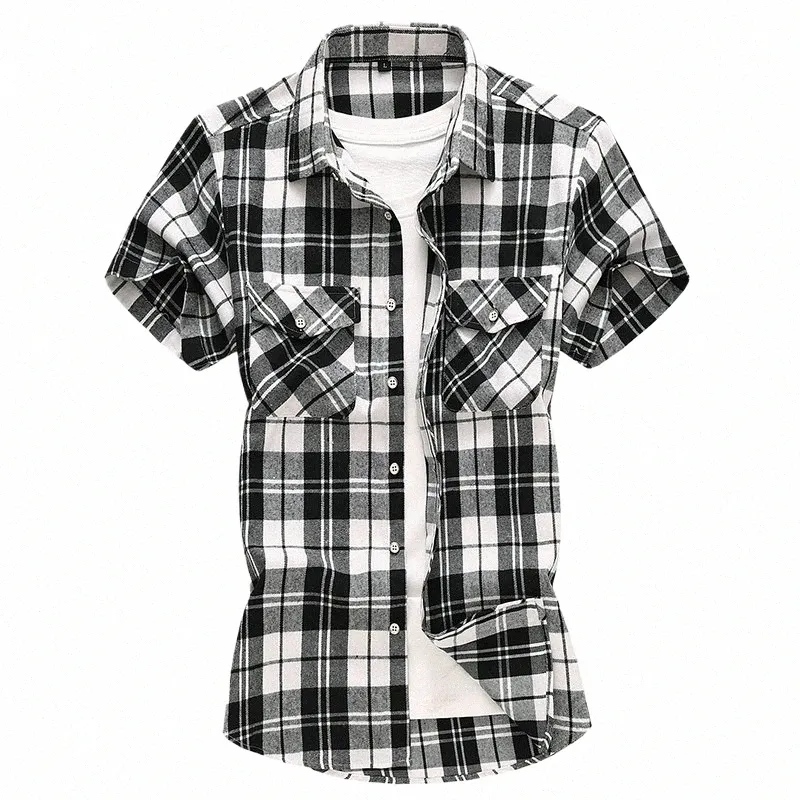 Listrado xadrez camisa de manga curta masculina gola quadrada cott camisas verão fi casual camisa masculina chemise 7xl 42x6 #