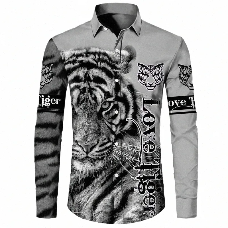 camicia a maniche Lg stampata tigre 3D Li Stampata Autunno Lg maniche uomo Abbigliamento da strada Outdoor Casual Fi Lg maniche Top S3HE #