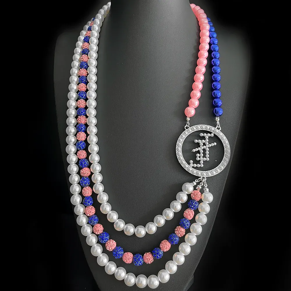 Halsband Fashion Sorority Society Sisterhood Logo Jack och Jill Round Pendant Pink Blue Pearl Multilayer Halsband