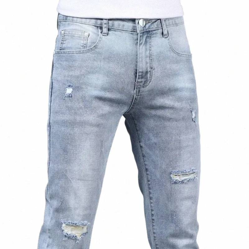 zomer Fiable Koreaanse stijl Designer Stretchy Designer gescheurd gat Blauw Denim Stijlvolle Slim-fit Dunne Boyfriend Jeans voor Heren o3rJ#