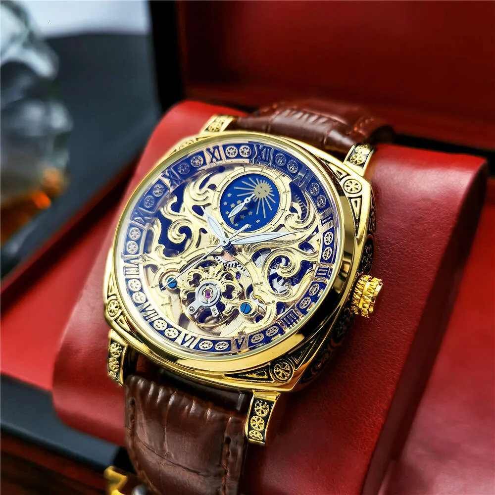 Augustus Fully Automatic Mechanical Square Hollow Transparent Bottom Night Glow Lunar Phase Leather Casual Men's Blue Light Watch