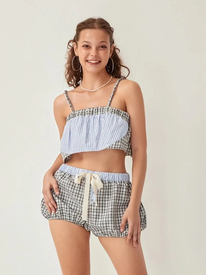 Casa roupas doce xadrez duas peças pijamas conjunto feminino deslizamento recortado camisolas e cordão bloomer shorts retro loungewear roupas