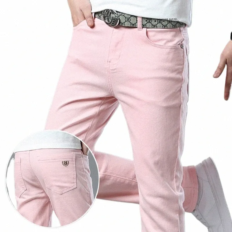 Jeans dritti da uomo Design Fi Pantaloni in denim Elastico Slim Dritto Coreano Casual Rosso Giallo Rosa Festa giovanile Hip Hop B4ph #