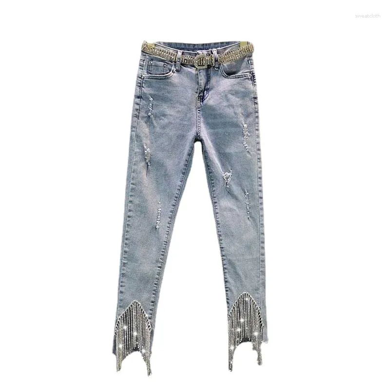 Kvinnors jeans 2024 Summer Skinny for Women Street Elastic Slim-Fit High midjefigur smickrande Rhinestone Tasseled Pants