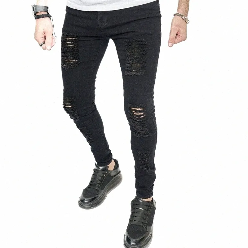 Boa Qualidade Primavera Homens Skinny Stretch Jeans Hip Hop Buracos Sólidos Elegantes Masculino Biker Denim Calças V0bf #