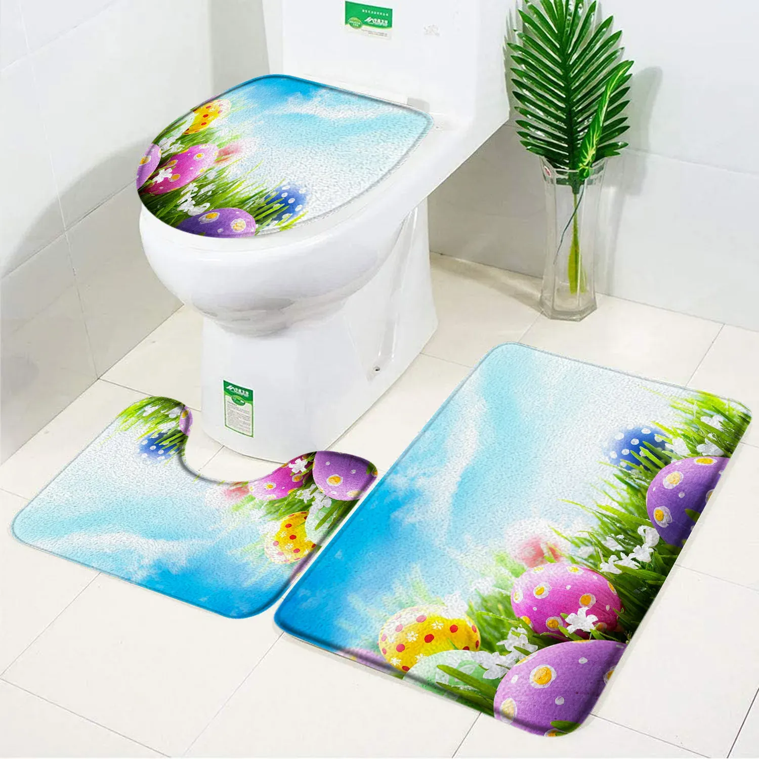 Ensemble de tapis de bain en forme d'œufs colorés, ciel bleu prairie, décoration de salle de bain, jour de pâques, antidérapant, ensemble de tapis et couvercle de toilette