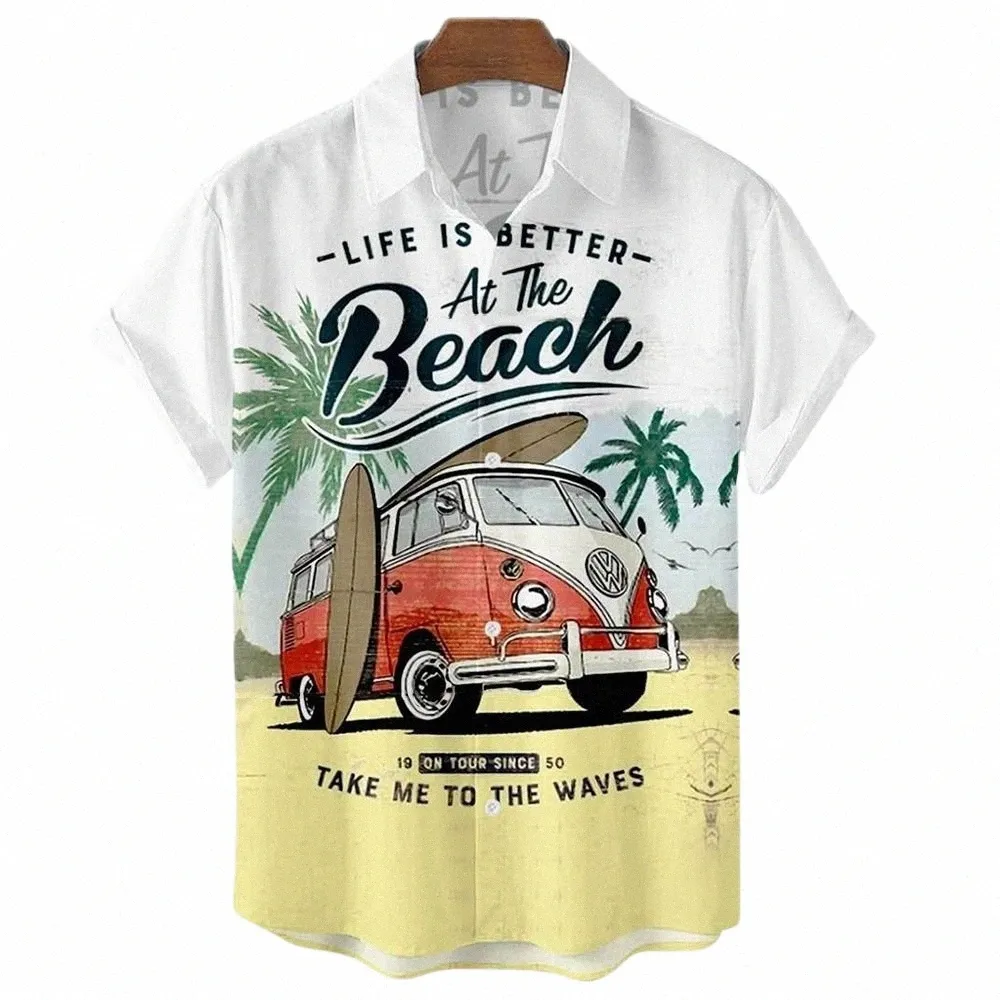 Seaside Holiday Take Men's Short Sleeve Collar Shirt Ny stilig Loose Sand Beach of Hawaii Big Yards Camisa Floral Casual R3A0#