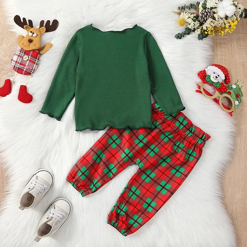 Conjuntos de roupas Natal Baby Girl Outfit Verde Pulôver Tee Top Xadrez Verificado Legging Calça Xmas Cute Criança Roupas 2 Pcs Set