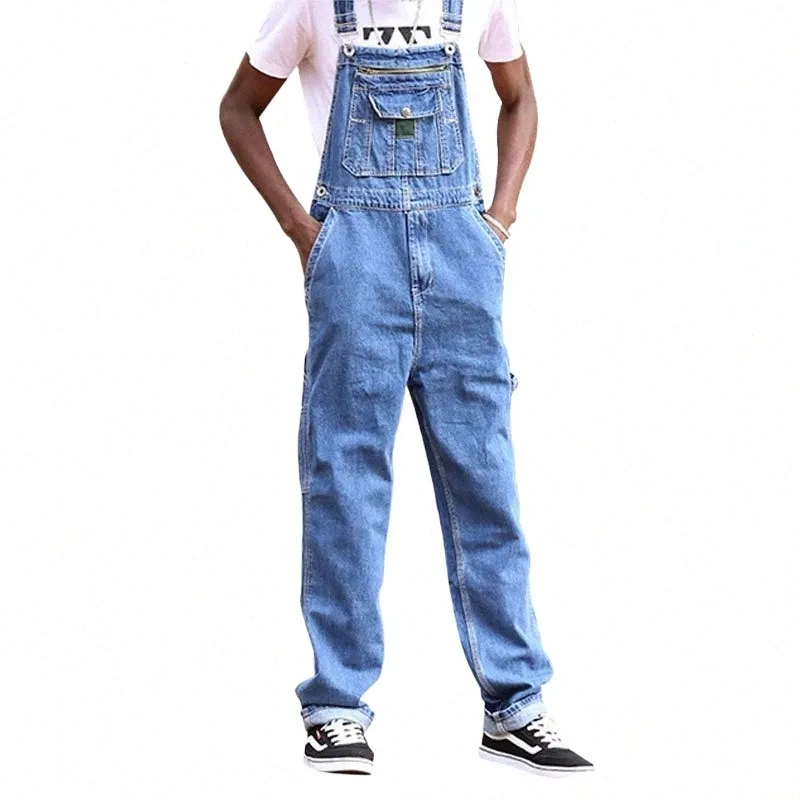 American Loose Jeans Men kombinezon dżinsowe Jokadki Kieszonkowe z odzieżą roboczą z zamkiem błyskawicznym proste szerokie nogi spodnie niebieskie spodnie rozmiar 50 d2IP#