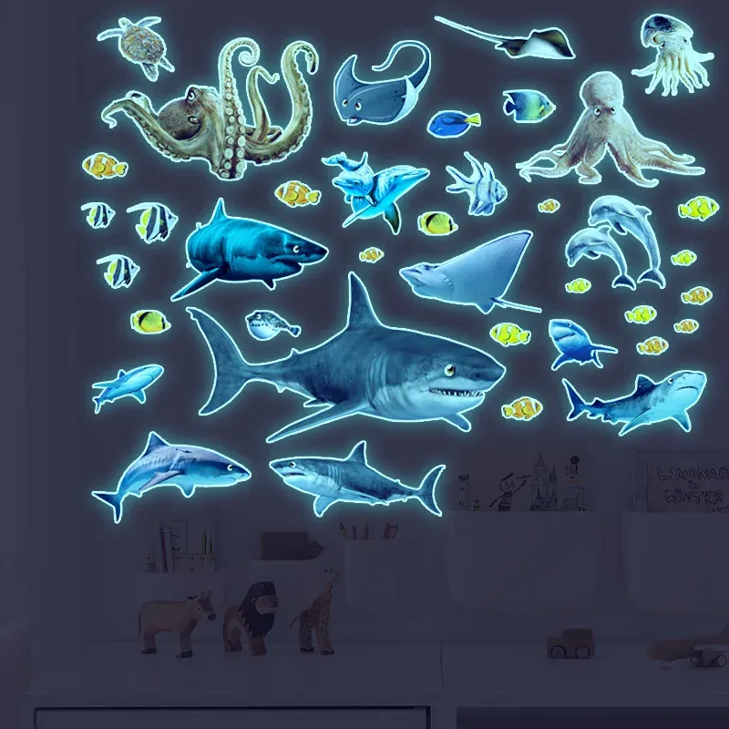 Stickers Luminous Blue Shark Wall Stickers Undersea Octopus Fluorescent Wallpaper Glow In The Dark Stickers For Baby Kids Room Home Decor