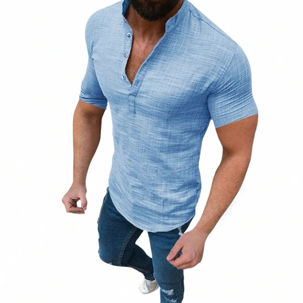 Hommes Chemises en lin d'été à manches courtes respirant hommes Baggy chemises décontractées Slim Fit solide Cott chemises hommes pull hauts Blouse M8dG #