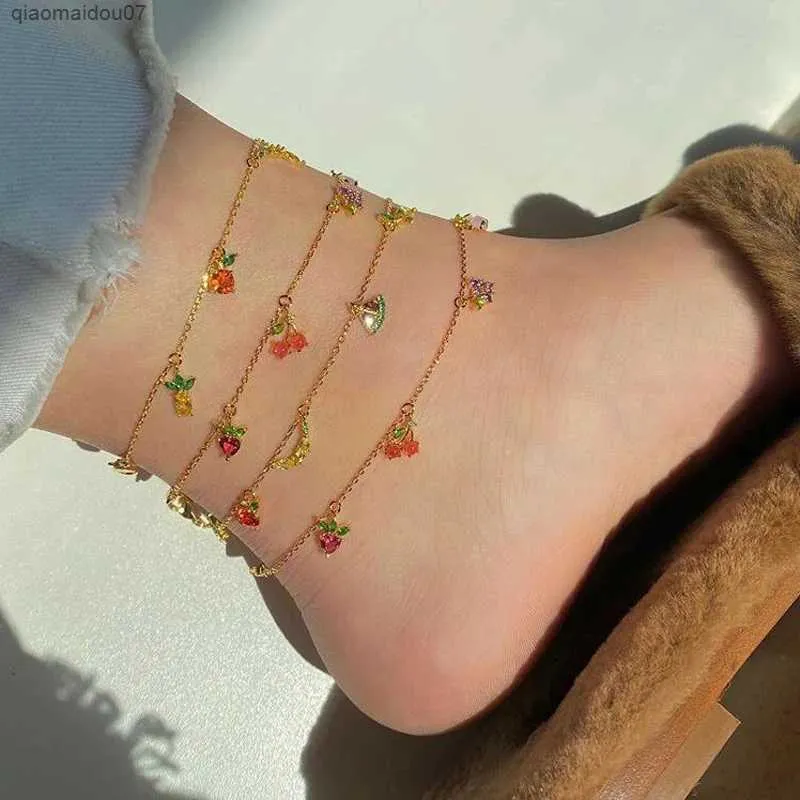 Enkelbanden Hot Fashion Zoete Gekleurde Fruit Armband Appel Aardbei Kers Druif Perzik Goud Zilver Ketting BraceletL2403