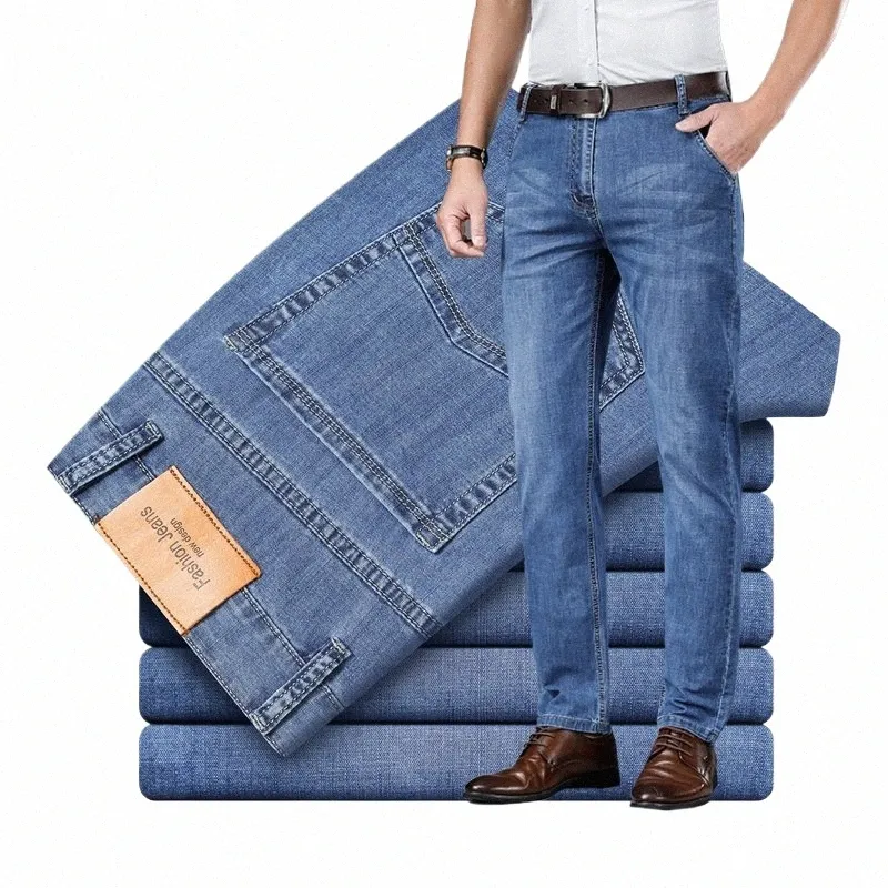 2022 Printemps Été Marque Droite Lâche Léger Jeans Pour Hommes Classique Busin Casual Bureau Taille Haute Mince Jeans y3yk #