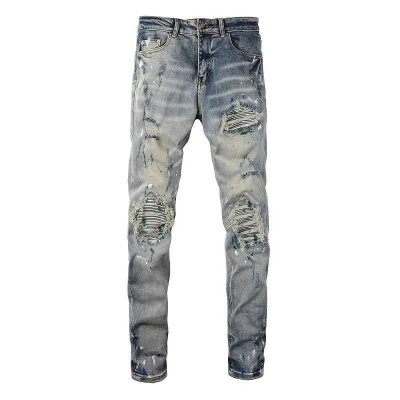 Herenjeans Heren gespoten elastische denim fietsjeans straatkleding crack patches werk gaten tranen strakke broek taps toelopende broek J240328