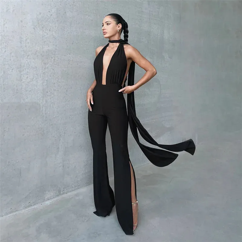 Deep V Wrap Around Halter Sexiga backless Flare Pants Jumpsuits Fashion Outfits For Women Onepiece Rompers Overalls 240315