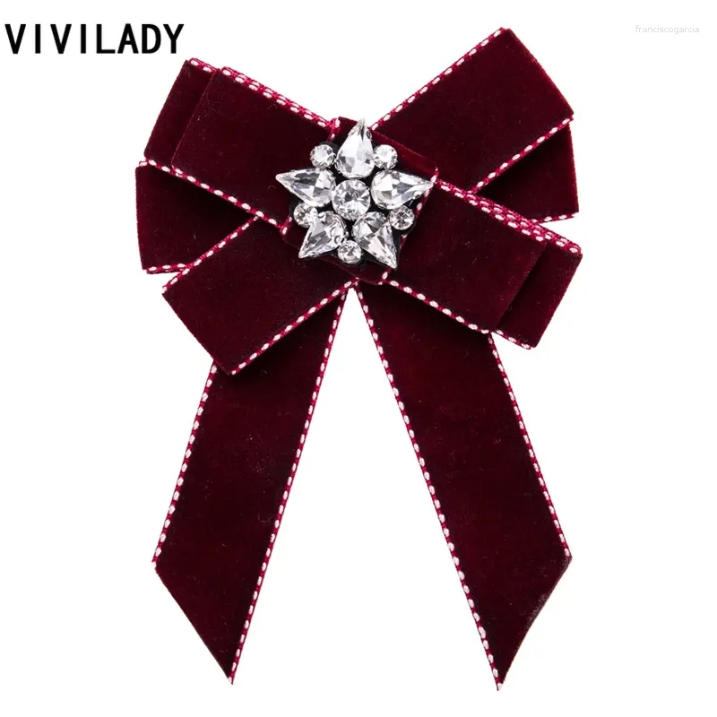 Brooches VIVILADY Fashion Handmade Velvet Bowknot Brooch Statement Crystal Breastpin Pin Women Cravat Tie Bijoux Jewelry Party Gifts