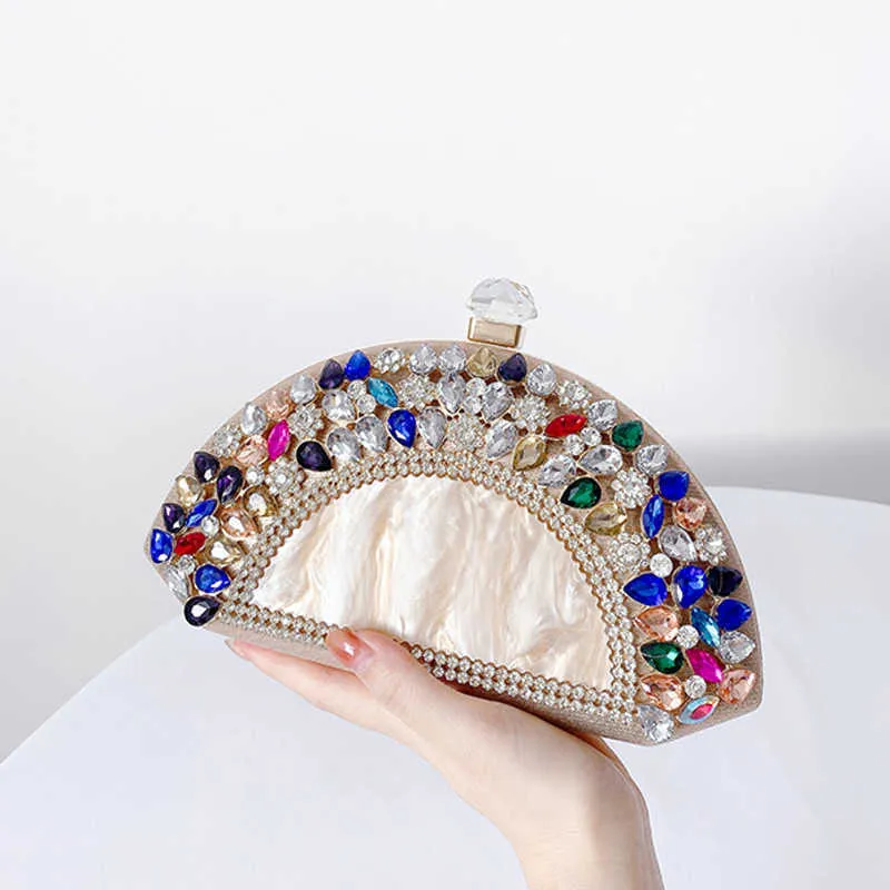 Sac de soirée festonné incrusté de diamants pour femmes, sac à bandoulière avec chaîne en acrylique, pochette en pierres précieuses, 040124