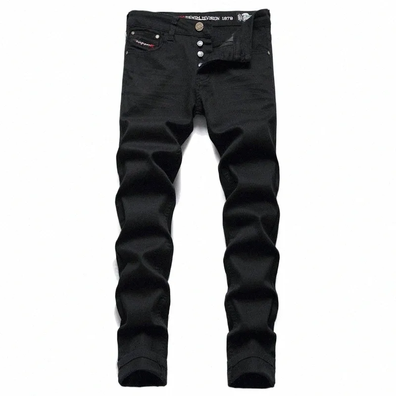 Heiße Männer Schwarze Jeans Einfache Trend Stretch Slim Bleistift Hosen Hohe Qualität Einfarbig Mid-Taille Gestickte Marke Hosen s5CJ #