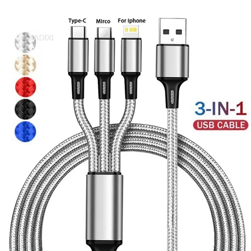 LOVEBAY 3 I 1 USB Snabb laddningskabeltyp C Micro iOS Multi Charger Cable för iPhone Huawei Samsung Nylon flätad sladd