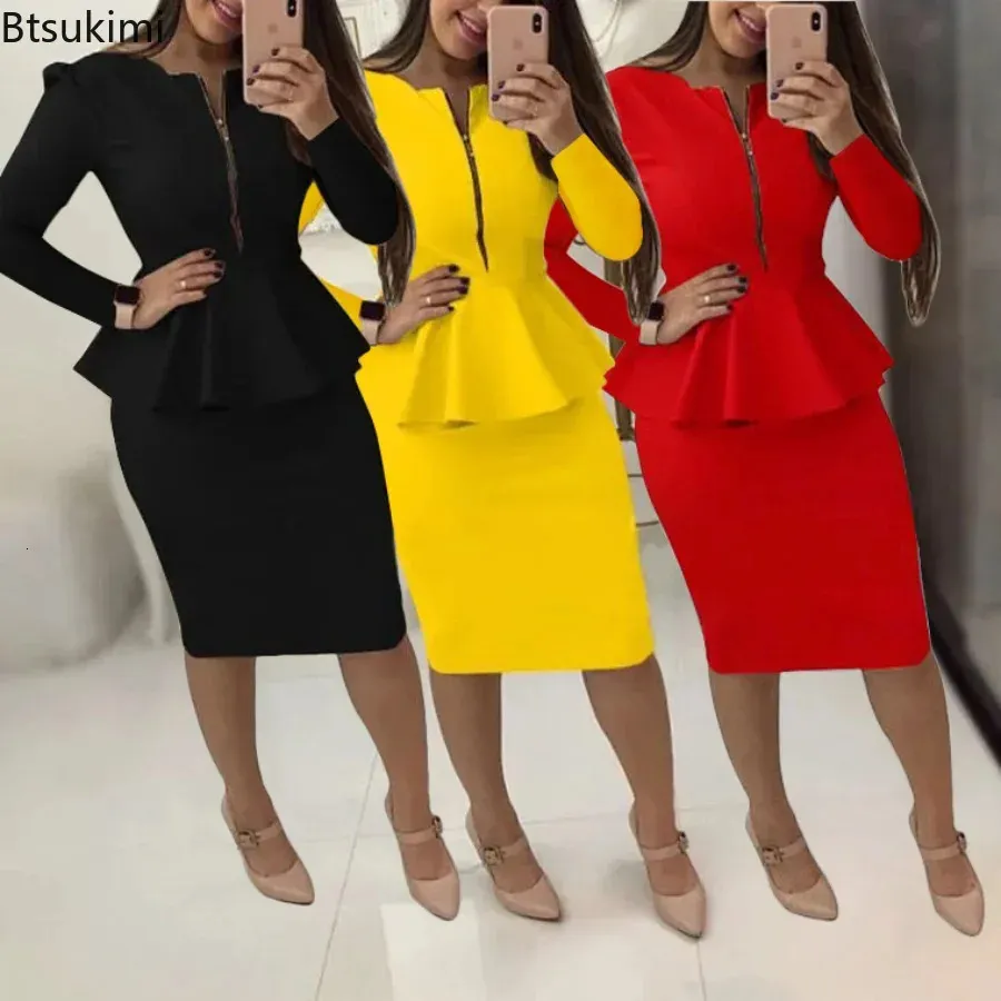 2024 Womens Formal Office Skirt Sets Solid Zipper Vneck Pencil KneeLength Business OL Skrit Female Two Pieces Dress 240323