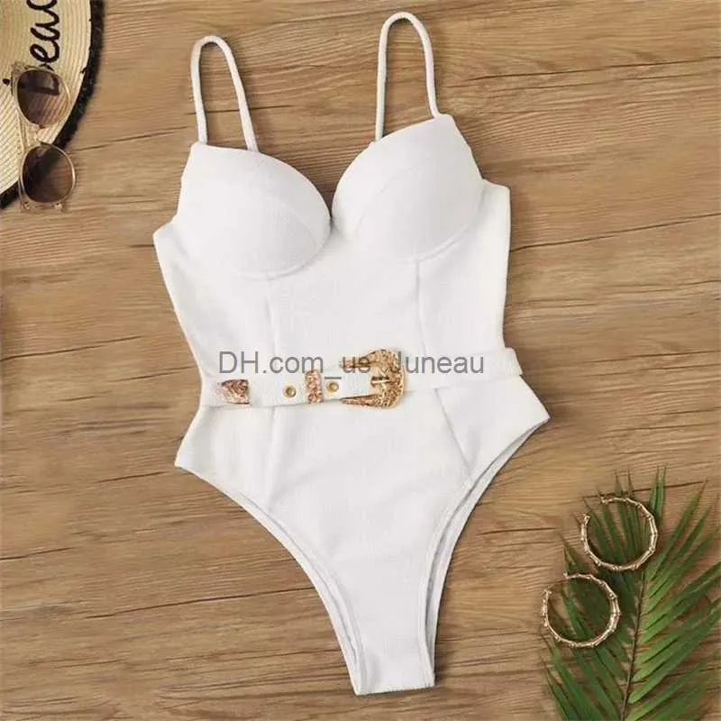 Women's Swimwear Sexy Push Up Underwire Swimwear Women Solid White Black Padded Buckle One Piece Swimsuit Beach Bathing Suit Bodysuit Monokini T240328