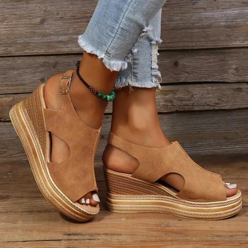 Sandalet Yaz artı Boyutlu Kama Yüksek Topuklu Kadınlar 2024 Toka Askından Peep Toe Plat Slip Non Slip Plaj H2403284DDA
